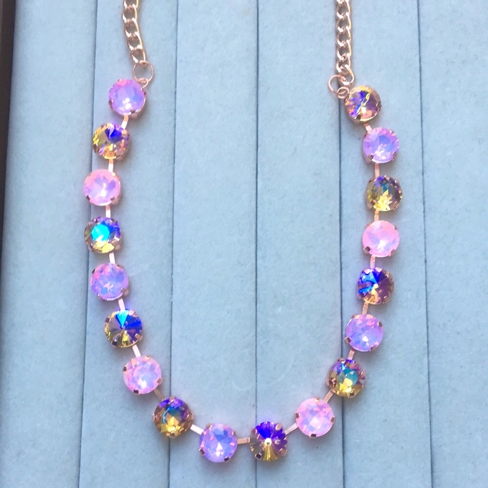 Pink Topaz Aurora Borealis + Pink-Purple Opal Rose Gold Crystal Tennis Necklace